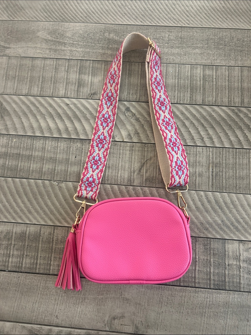 Kids Pink Crossbody Bag with Patterned Strap - Unbranded